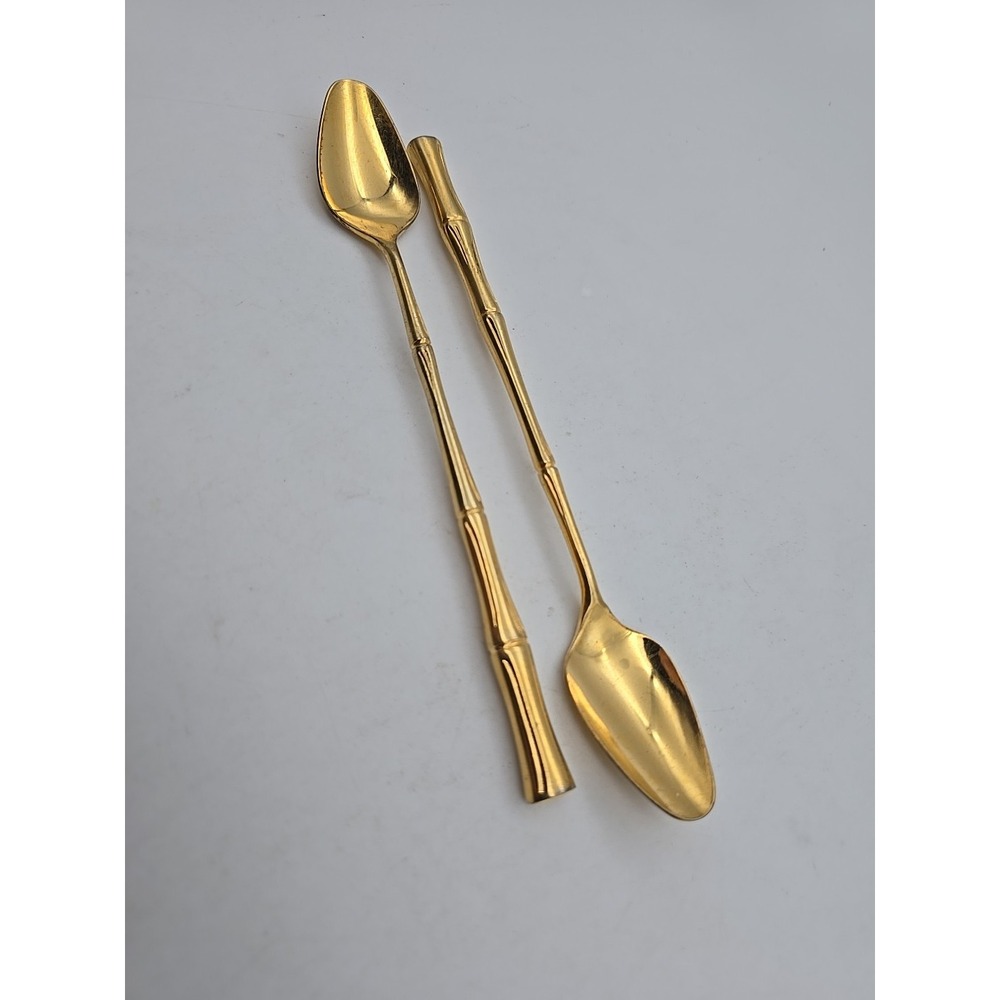 Viners of Sheffield Gold Electroplated Cane Faux Bamboo Iced Tea Spoons Teaspoon